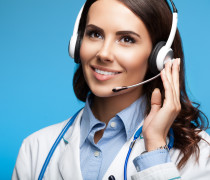 happy smiling doctor in headset, on blue