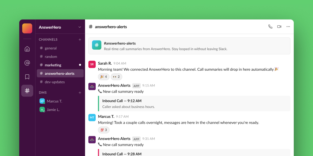 AnswerHero dashboard — Slack setup screen