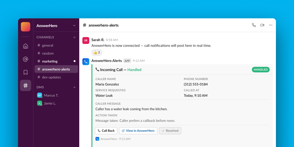 Example Slack channel — incoming call notification